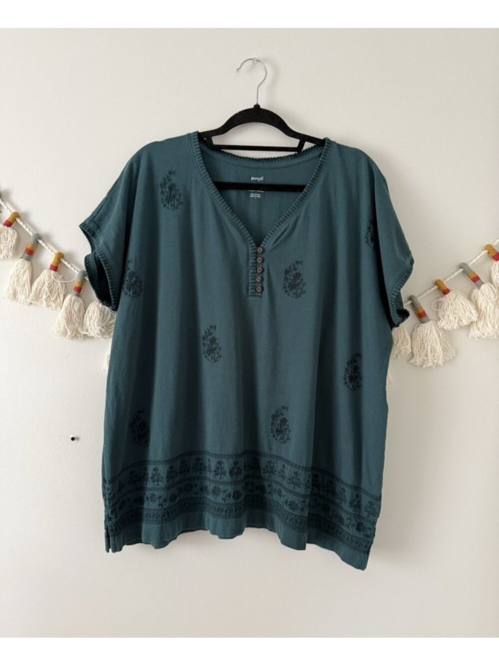 Pure J. Jill Embroidered Buttoned V-neck Tee Teal Cap Sleeves Cottage Cotton L